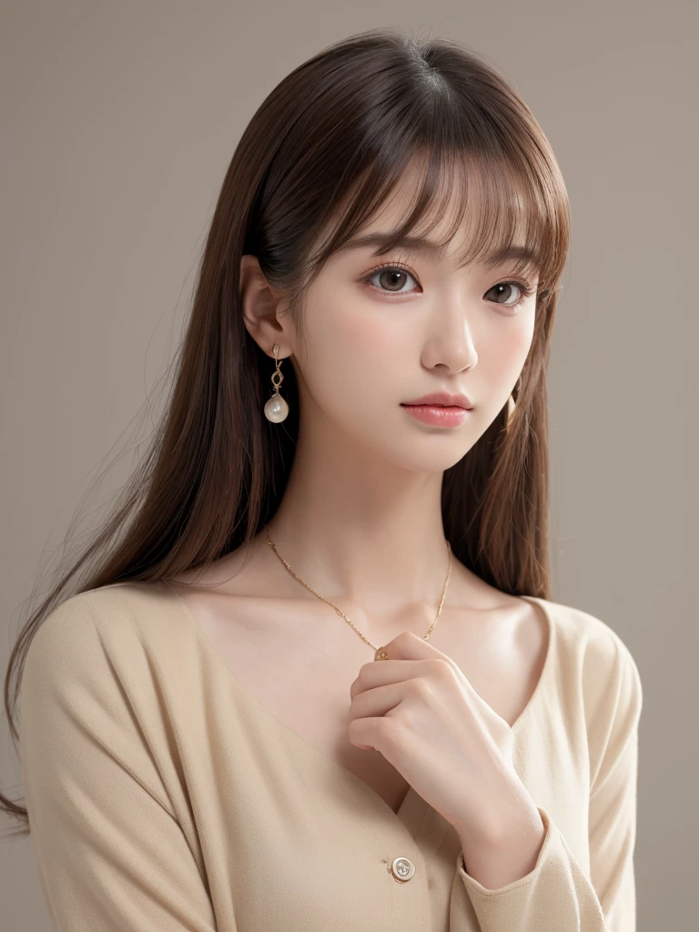  ((Highest quality, 8k, masterpiece:1.3)), concentrate: 1.2, Perfect body beauty: 1.4, Hips: 1.2, ((Long Hair, chest: 1.2)), (Dry clothes: 1.1) , (clear, Simple Background:1.3), Simple clothes: 1.1, Highly detailed face and skin texture,Delicate eyes, double eyelid, Whitened skin, Rough skin、Long Hair、Earrings with bangs、necklace、 solo、Beige coat、White shirt,  (((Beautiful girl with cute Japan)))、  ((Beautiful Japanese girl 20 years old))、 ((Baby Face))、 (((Slender body)))、  Upper Body，Face focus、necklace，Simple Background，From above， Realistic Hair、 A photograph was taken:Canon EOS R6、135mm、1/1250 seconds、f2.8、ISO400、(Detailed explanation of the hand)、(Masseter muscle area)、(Exquisite CG)、Long Hair, loose and curly hair、Korean Hair、Long Hair明るいベージュ色、グラデーションハイライトグレージュのゆるふわLong Hairスタイル、