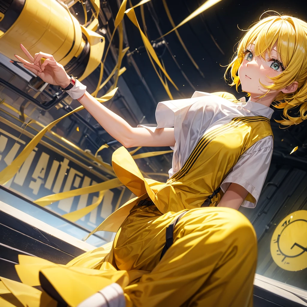 A clumsy, yellow-haired girl wearing yellow clothes。I'm tripping and panicking