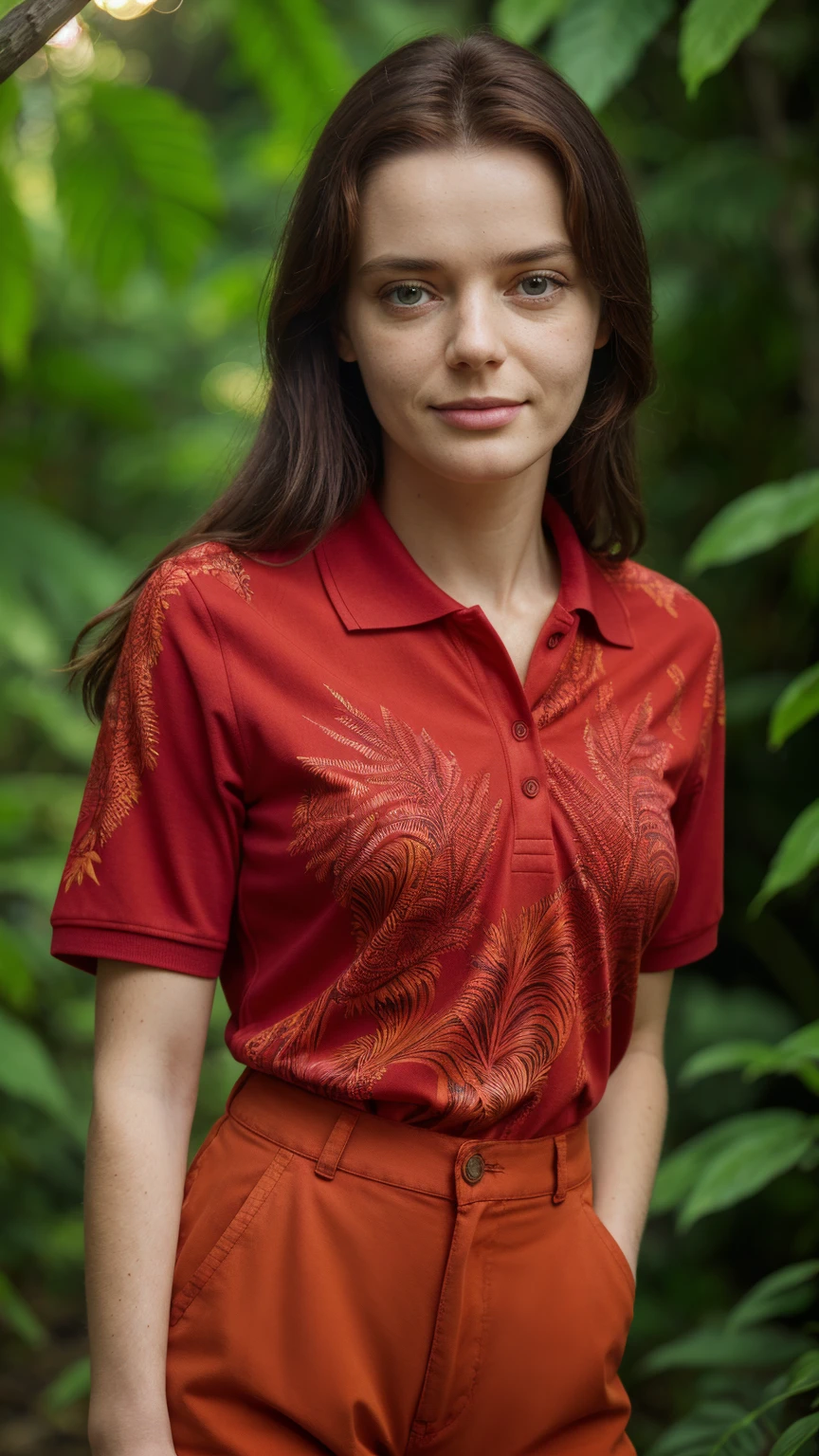 closeup headshot of S223_CharlieRed,a beautiful woman,in a (jungle:1.1),wearing a (vibrant-polo-shirt:1.15),(sunset:1.1),(8k, RAW photo, best quality, depth of field, ultra high res:1.1),(absurdres, intricate, photorealistic, masterpiece, ultra-detailed:1.2),