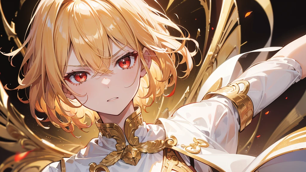 (Highest quality) (4K) (8k) (High resolution) (masterpiece:1.2) (Super detailed) One boy short hair emperor Red eyes Long sleeve Golden decoration Hair between the eyes White Dress Wavy golden hair Upper Body (White Background) front Face close-up Get angry