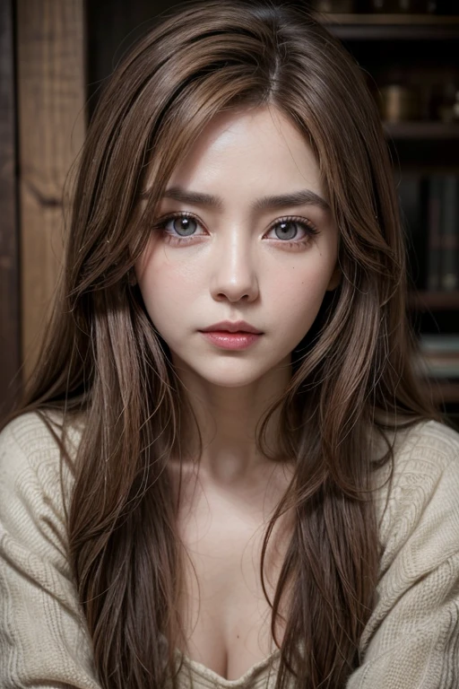 1 mature girl, extremely beautiful, alone, Upper part of the body, in front of the camera, middle ages clothing, long brown hair with gray tones, collected, expressive big eyes, honey color, full carmine lips, packed skin
