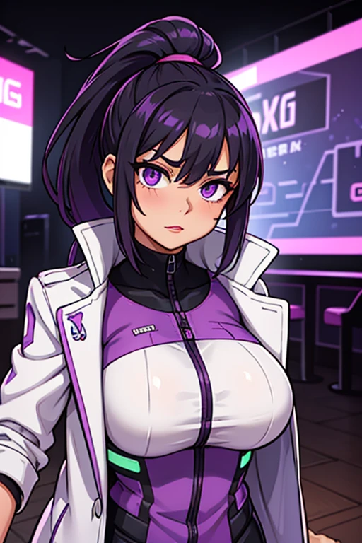 20 year, young woman, wearing sexy cyberpunk clothes, a purple and white overcoat, sleeves rolled up to the elbow. black hair tied in a ponytail, purples eyes, Red lipstick. skin tanned, bust size d. determined expression.  