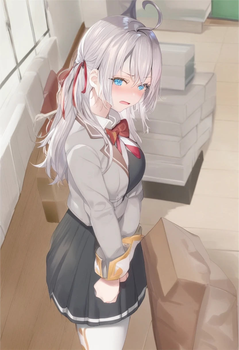 1 girl, Alisa mikhailovna kujou,Tomorrow, my friend, Arya-san, will be visiting Russia.,Alone, by the wide, Eyebrows visible through hair., hair between the eyes, silver hair, hair band, blue eyes, medium breasts, ,white tights,The Great Passage, long sleeves, jacket, ceiling, portrait, looking at the viewer, Serious, corridor, open mouth, Best Quality, very aesthetic, absurdities