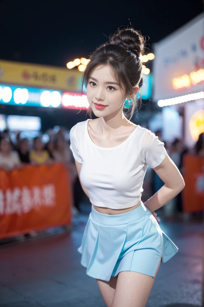 (((best quality))), (((ultra detailed))), (((masterpiece))), illustration,((a beautiful girl,solo)),(shoulder length straight hair:1.2),((slim,thin)),((small breasts,flat chest,claviclis,navel)),(blue short-sleeved white shirt:1.5),(blue mini-skirt:1.3),(slender legs:1.2),(sneakers:1.3),(standing:1.3),((on a stage,outside a shopping mall, at the entrance of a beer promotional event,on the street)), ((surrounded by crowded crowds)),((her hair and the edges of her skirt fluttering in the air)), the girl's attire reflecting the vibrant spirit of summer, a sense of youthful charm and confidence exuding from her, her hair flows freely in the wind, the fluttering skirt accentuating her graceful movements, her expressive eyes and infectious smile drawing people closer, the stage adorned with colorful decorations, the vibrant atmosphere enhanced by the enthusiasm of the crowd, onlookers of various ages captivated by her performance, clapping, cheering, and taking photos, the girl's graceful dance transforming the ordinary streets into a vibrant and lively venue, her energy and charisma captivating the audience, the scene encapsulating the spirit of summer and the beauty of artistic expression,(night scene:1.3),(from front:1.3),(arms behind back:1.3),(full body:1.3)