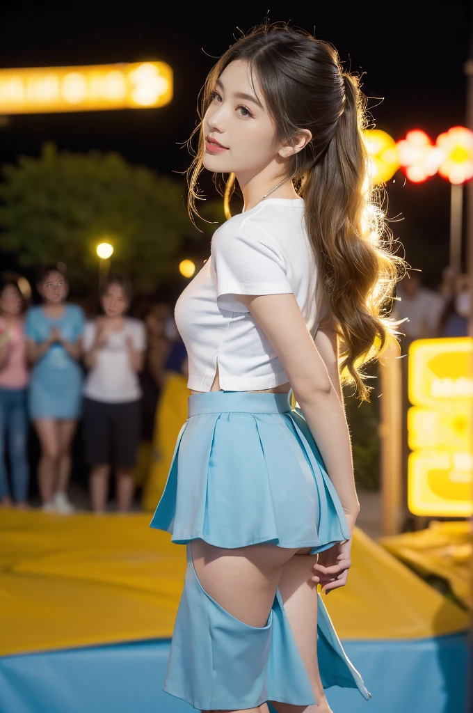 (((best quality))), (((ultra detailed))), (((masterpiece))), illustration,((a beautiful girl,solo)),(shoulder length straight hair:1.2),((slim,thin)),((small breasts,flat chest,claviclis,navel)),(blue short-sleeved white shirt:1.5),(blue mini-skirt:1.3),(slender legs:1.2),(sneakers:1.3),(standing:1.3),((on a stage,outside a shopping mall, at the entrance of a beer promotional event,on the street)), ((surrounded by crowded crowds)),((her hair and the edges of her skirt fluttering in the air)), the girl's attire reflecting the vibrant spirit of summer, a sense of youthful charm and confidence exuding from her, her hair flows freely in the wind, the fluttering skirt accentuating her graceful movements, her expressive eyes and infectious smile drawing people closer, the stage adorned with colorful decorations, the vibrant atmosphere enhanced by the enthusiasm of the crowd, onlookers of various ages captivated by her performance, clapping, cheering, and taking photos, the girl's graceful dance transforming the ordinary streets into a vibrant and lively venue, her energy and charisma captivating the audience, the scene encapsulating the spirit of summer and the beauty of artistic expression,(night scene:1.3),(from front:1.3),(arms behind back:1.3),(full body:1.3)