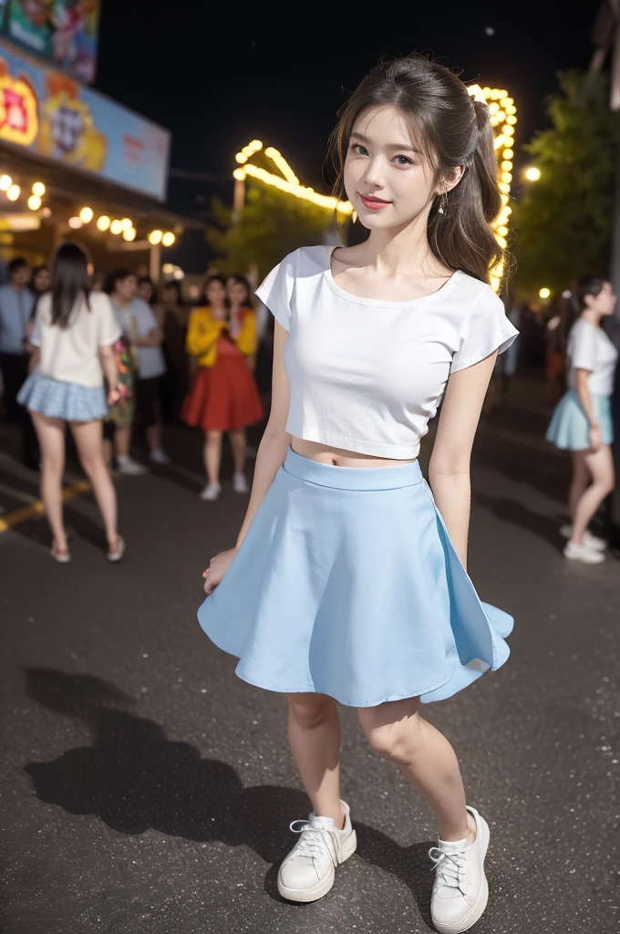 (((best quality))), (((ultra detailed))), (((masterpiece))), illustration,((a beautiful girl,solo)),(shoulder length straight hair:1.2),((slim,thin)),((small breasts,flat chest,claviclis,navel)),(blue short-sleeved white shirt:1.5),(blue mini-skirt:1.3),(slender legs:1.2),(sneakers:1.3),(standing:1.3),((on a stage,outside a shopping mall, at the entrance of a beer promotional event,on the street)), ((surrounded by crowded crowds)),((her hair and the edges of her skirt fluttering in the air)), the girl's attire reflecting the vibrant spirit of summer, a sense of youthful charm and confidence exuding from her, her hair flows freely in the wind, the fluttering skirt accentuating her graceful movements, her expressive eyes and infectious smile drawing people closer, the stage adorned with colorful decorations, the vibrant atmosphere enhanced by the enthusiasm of the crowd, onlookers of various ages captivated by her performance, clapping, cheering, and taking photos, the girl's graceful dance transforming the ordinary streets into a vibrant and lively venue, her energy and charisma captivating the audience, the scene encapsulating the spirit of summer and the beauty of artistic expression,(night scene:1.3),(from front:1.3),(arms behind back:1.3),(full body:1.3)