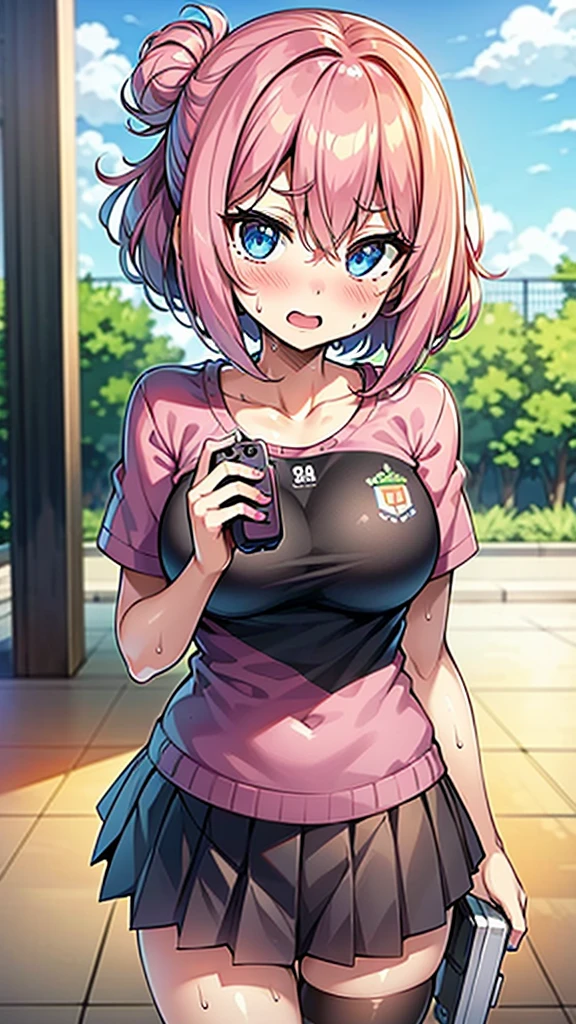 game controller print, 1 girl, Skirt, pompom \(animatoras\), old, Alone, pink jacket, pink hair, by the wide, large old, open mouth, you have hitori, black shirt, pleated Skirt, looking at the viewer, black Skirt, sweat, blue eyes, hair between the eyes, hits, clavicle, blush, tenure, short sleeves, animator, partially decompressed, outdoor, miniSkirt, blurred background, sport jacket, cowboy shot, off the shoulder