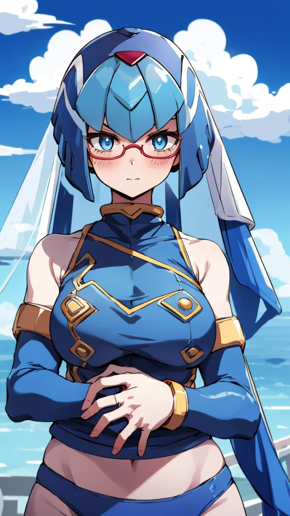 Leviathan_Megamanz, 1 Girl ,Looking at the viewer , blue hair, Blue eyes,Clouds background , Blushed, Wedding ring, Glasses, Holding a girl in hands,