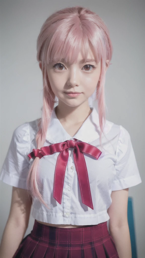 1girl,pink hair, pink eyes with love, detailed eyes, straight hair, straight bangs, shiny hair,
,red bowtie,purple skirt,purple shirt,pleated skirt,short sleeves,looking at viewer, high-definition,masterpiece,best quality, masterpiece, best quality, high resolution, aabeta, double, white simple background, standing, slim waist, cute, sailor uniform, super close up selfie, masterpiece, Very detailed, Big eyes、Close-up、Laughter、(((Anime Style)))、Shining Eyes、Open your mouth、smug face、front、whole body, selfie close up while posing peace