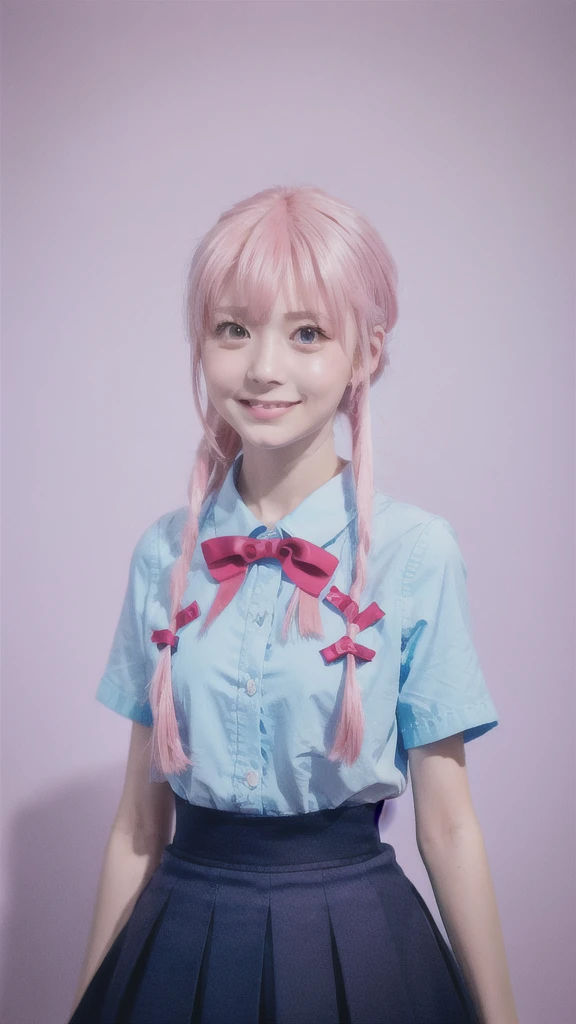 1girl,pink hair, pink eyes with love, detailed eyes, straight hair, straight bangs, shiny hair,
,red bowtie,purple skirt,purple shirt,pleated skirt,short sleeves,looking at viewer, high-definition,masterpiece,best quality, masterpiece, best quality, high resolution, aabeta, double, white simple background, standing, slim waist, cute, sailor uniform, super close up selfie, masterpiece, Very detailed, Big eyes、Close-up、Laughter、(((Anime Style)))、Shining Eyes、Open your mouth、smug face、front、whole body, selfie close up while posing peace