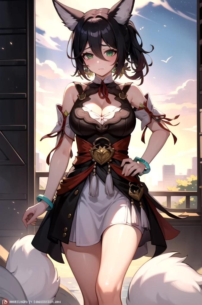 1girl, solo, (masterpiece, best quality:1.4), extremely detailed face, perfect lighting, tingyunhsr, green eyes, hair between eyes, ponytail, animal ears, fox tail, jewelry, dress, cleavage, bracelet, clothing cutout, cowboy shot,발가락, 