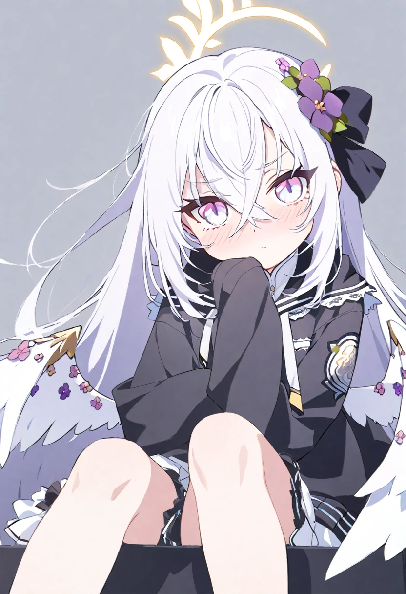   azusa \(blue archive\), 1girl alternate_costume angel_wings black_hoodie black_sleeves blue_eyes blush crossed_bangs embarrassed feet_out_of_frame flower hair_between_eyes hair_flower hair_ornament halo hood hood_pull hoodie horned_hood horns iridescent long_hair looking_at_viewer low_wings messy_hair multicolored_eyes pinching_sleeves pink_eyes purple_flower simple_background sitting skull_print sleeve_cuffs sleeves_past_wrists solo white_background white_hair white_wings wing_ornament wings