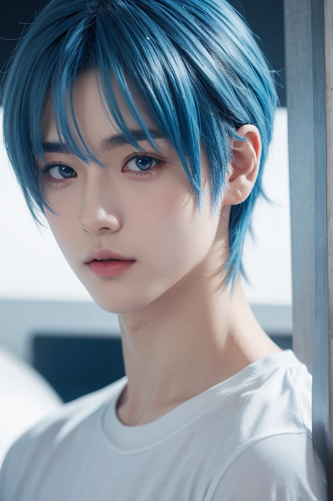 High-quality anime art style, Focus the camera on the person wearing the white shirt、Close-up of a blue-haired male character, Anime-style 2D animation, Show the handsomeness of the anime boy&#39;s shining blue eyes, Cultivating young anime artists with the cute art style, Fusion of stylized anime expressions, Showcase anime covers and anime cute art style