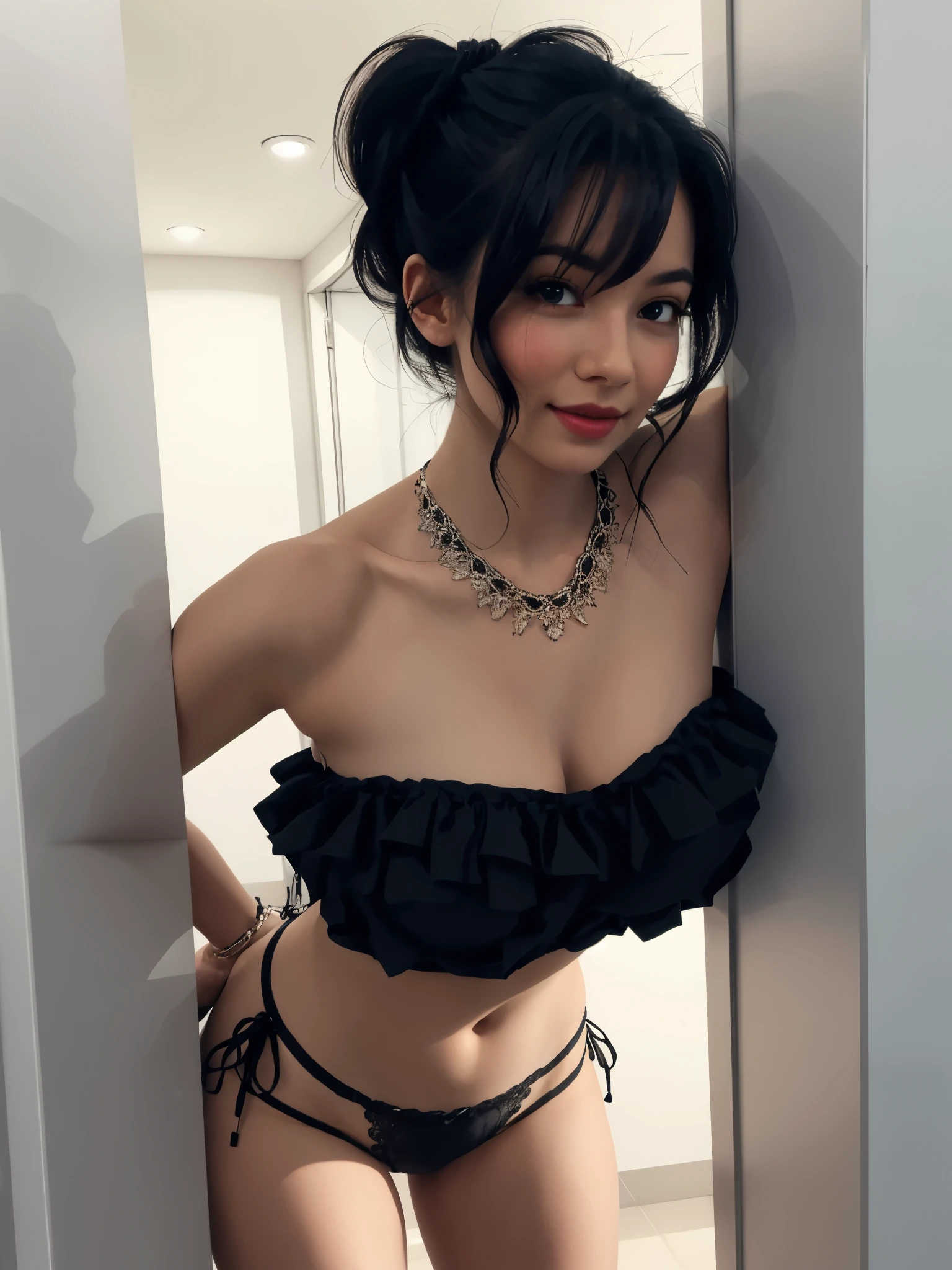 girl wearing cute tube top, BREAK, 1girl, ruffle-trimmed intricate lace puffy black tube top, braided pony tail cascading, black hair, breast, huge breasts, full breasts, leaning forward, full small lips, (red lips:0.8), detailed face, looking at viewer, bangs, delicate necklace, highleg black thong with ruffle straps, slipping strap, modern interior, textured walls,