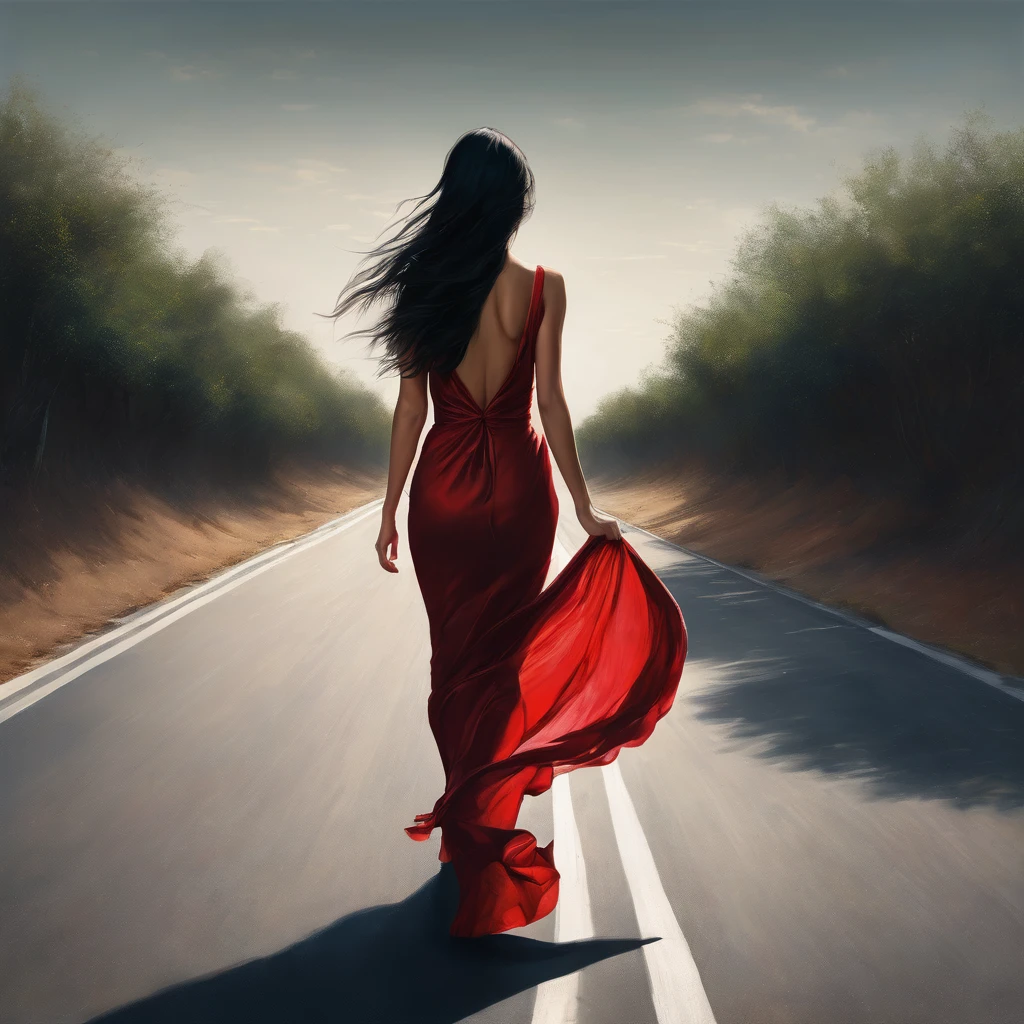 one pretty woman,Youngh,long black  hair,red flowing dress,walking on a road,Frontal image.hyper realist 