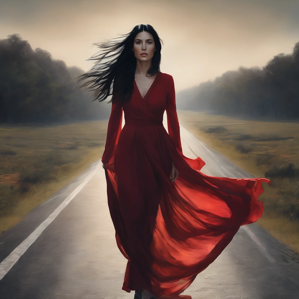 one pretty woman,Youngh,long black  hair,red flowing dress,walking on a road,Frontal image.hyper realist 