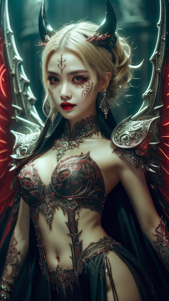 Cute Japanese woman, (16 years old), (Very cute face: 1.3), Red lips, White moist skin, Melancholic expression,
BREAK,
(Beautiful belly button), (White skin),
BREAK,
Female superior ancient strigoi vampire, Horror, Angel wings, Black wings, Red jewelry, (Large wings: 1.4), Satan, (Hellfire: 1.2), Full body, Devil, (Flame: 1.2), (Rhinestones), (Horns growing from head),
BREAK,
(Short hair), (Bangs: 1.2), (Blonde: 1.3), (Wavy hair),
BREAK,
(Facial tattoos: 1.4), (Facial rhinestones: 1.2),
BREAK,
Masterpiece, Perfect lighting, Ultra high resolution, 8K, (Highly detailed: 1.4), (From the front), Looking at the camera, (Full body), (Geometric), (Symmetrical),
BREAK,
(Neon Light: 1.2),