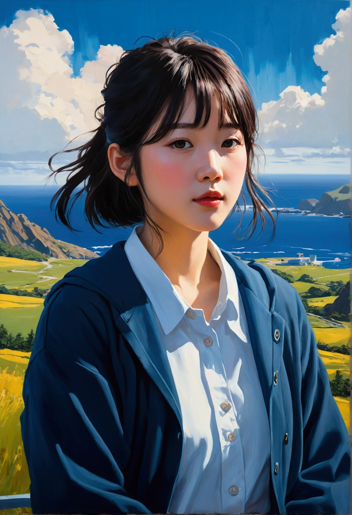 a potrait of kpop idol "Haerin", Acrylic painting , on the edge of the world, executed with palette knife and brushstrokes, merging the styles of Makoto Shinkai, Jamie Wyeth, James Gilleard, Edward Hopper, and Greg Rutkowski with an influence of Studio Ghibli and Genshin Impact, trending on Pixiv Fanbox, vibrant color use, textural contrasts, moody atmospherics, soft diffused light, dynamic composition, with an