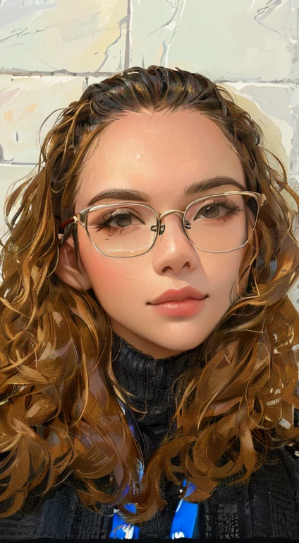 there is a woman com glasses and a coat posing for a picture, girl wearing glasses redondos, girl com glasses, high quality portrait, com glasses, usando glasses dourados, com glasses quadrados, wearing thin large glasses redondos, glasses, Hyperrealistic art style, wearing small glasses redondos, com glasses on, solo portrait 🎨🖌️, glasses redondos, wearing glasses redondos
