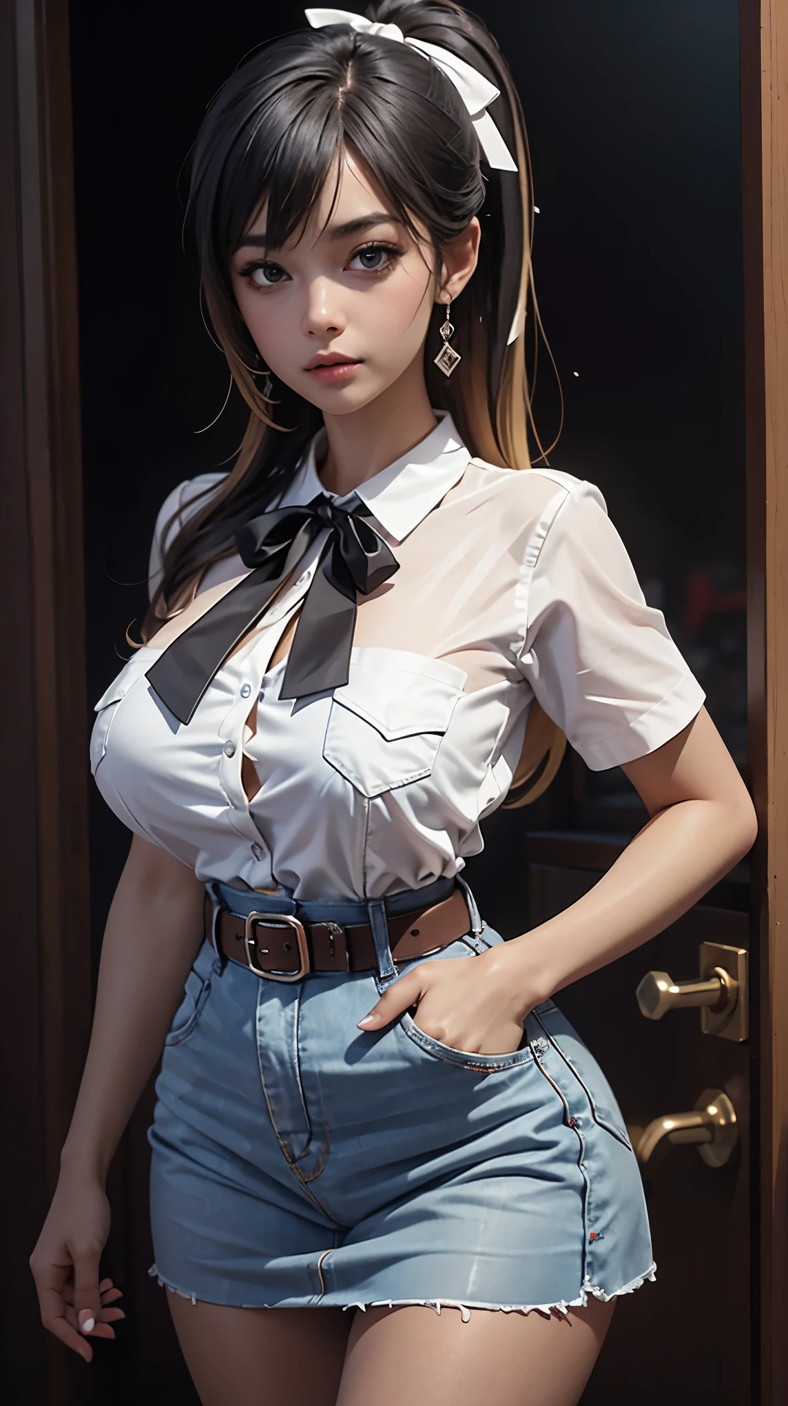 detailed eyes, (full body shot:1.2), 8k, (skinny body:1.2), curvy, (hands behind her back:1.2), seductive pose, (looking at viewer, 8k vector photography, young teen, beautiful eyes, realistic lighting, detailed outfit, realistic facial features, hyper detail, (perfect angle, focus on face hips and breastegane)), (very short dark straight hair:1.3), flat chest, pioneer neckerchief, micro blue tight skirt, bangs, shirt, collarbone, very tight white shirt, short sleeves, collared shirt, belt, eyelashes, red neckerchief, breast pocket, resembles a sex doll, maryarya