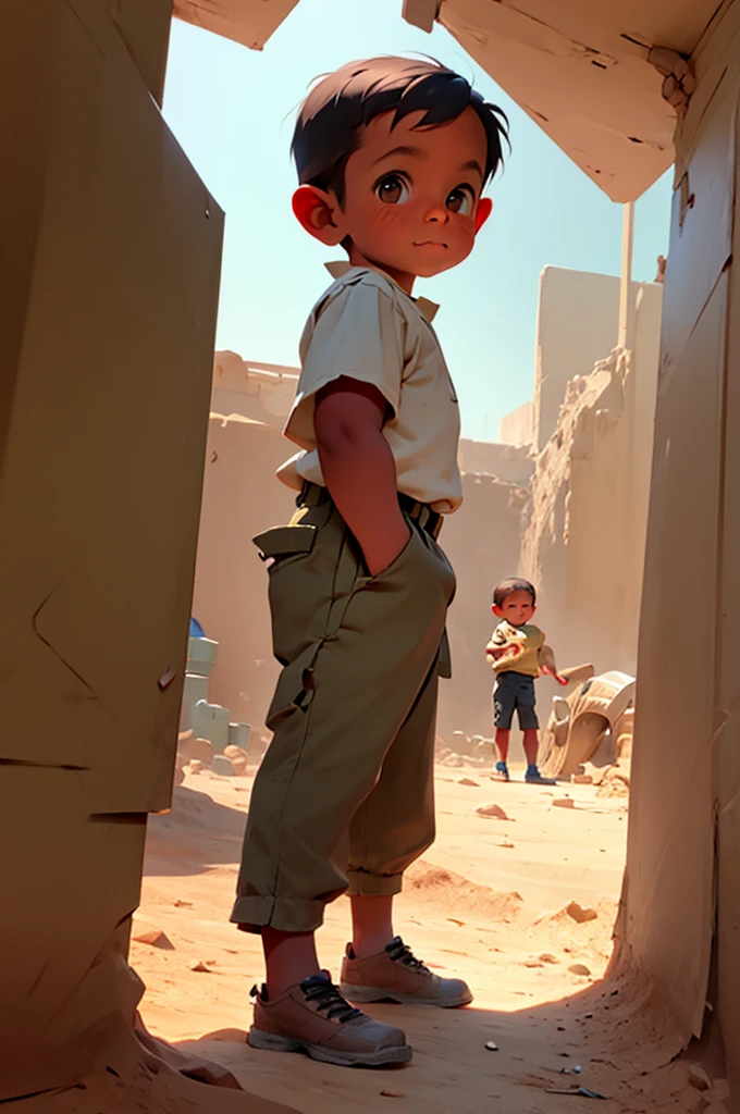a and a playing at a dig site, wearing khaki pants