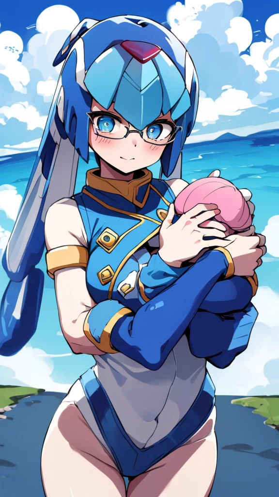 Leviathan_Megamanz, 1 Girl ,Looking at the viewer , blue hair, Blue eyes,Clouds background , Blushed, Wedding ring, Glasses, Holding a baby girl in hands,