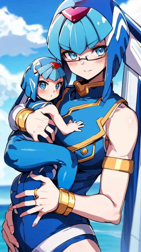 Leviathan_Megamanz, 1 Girl ,Looking at the viewer , blue hair, Blue eyes,Clouds background , Blushed, Wedding ring, Glasses, Holding a baby girl in hands, 