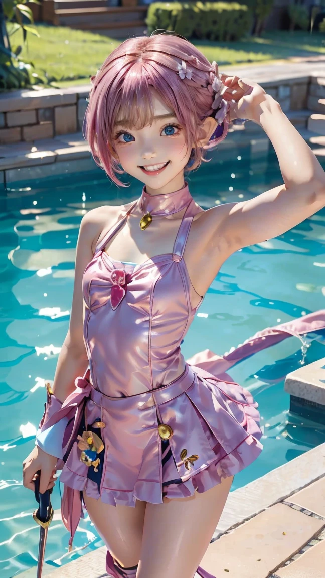 (masterpiece, highest quality, highest quality, Official Art, Beautiful pink hair、Short Bob Hair、Flower Hair Ornamentilky skin、Fishing eyes、Pointed Ears、girl、、smile、A dizzying smile、smile showing teeth、Thin arms、Small breasts、slender upper body、Narrow waist、small hips、Thin thighs、Slim lower body、little magical girl costume、Tiny mini skirt、With my hands on my head、Poolside、Cowboy Shot、full body shot、Dancing