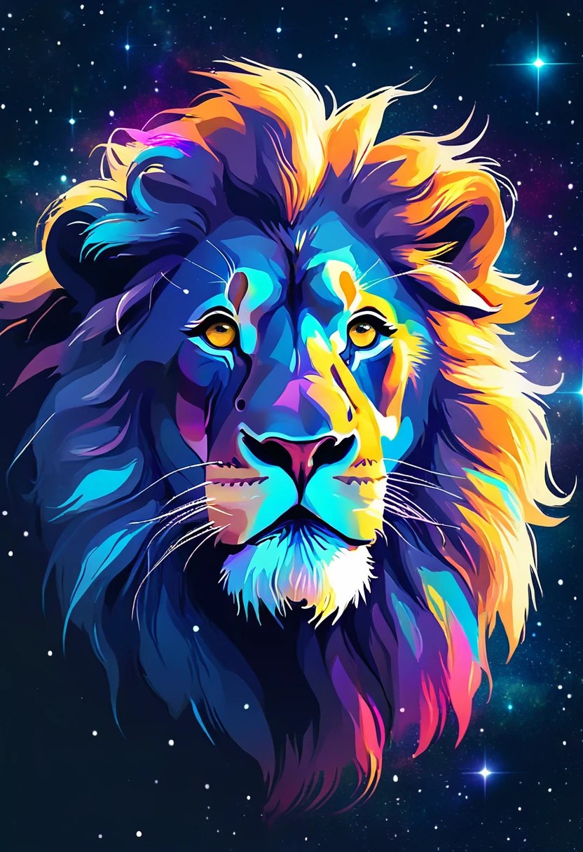 a lion head silhouette composed by bright stars. Cosmic background