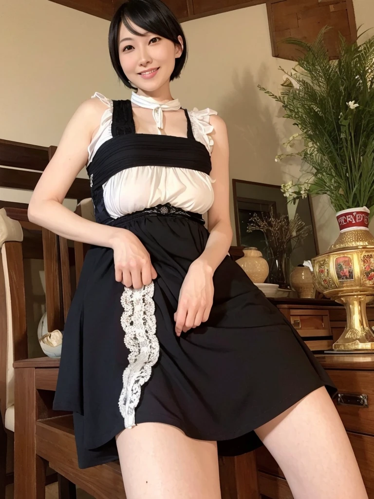 Highest quality、masterpiece、8k、Very detailed、Realistic、Looking at me with a smile、whole body、Black Hair、Short Hair、Small face、Slender、Big Breasts、Thin and beautiful legs、narrow and constricted waist,、Dirndl