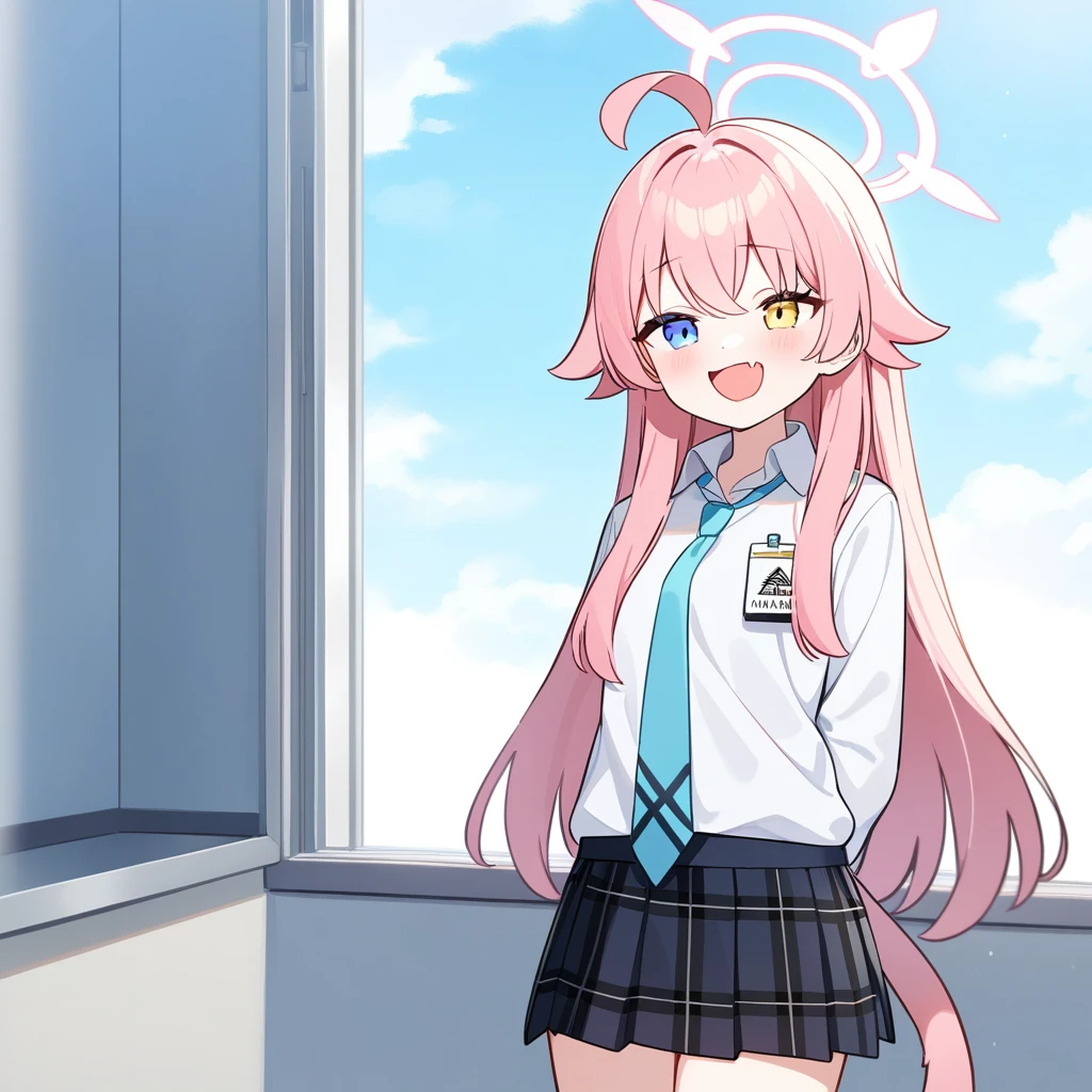 (masterpiece:1.2,high quality),4K,High resolution,A little girl of 16 years old,cute girl, Takanashi Hoshino(Blue Archive),pink hair,long hair,ahoge,yellow and light blue eyes,heterochromia,laughing,skin fang,Wearing a white shirt,tie,Black plaid pleated skirt,Standing in the room,Next to it is the window,curtain,High School Students,thigh,alone,cat tail,((Hands behind your back))