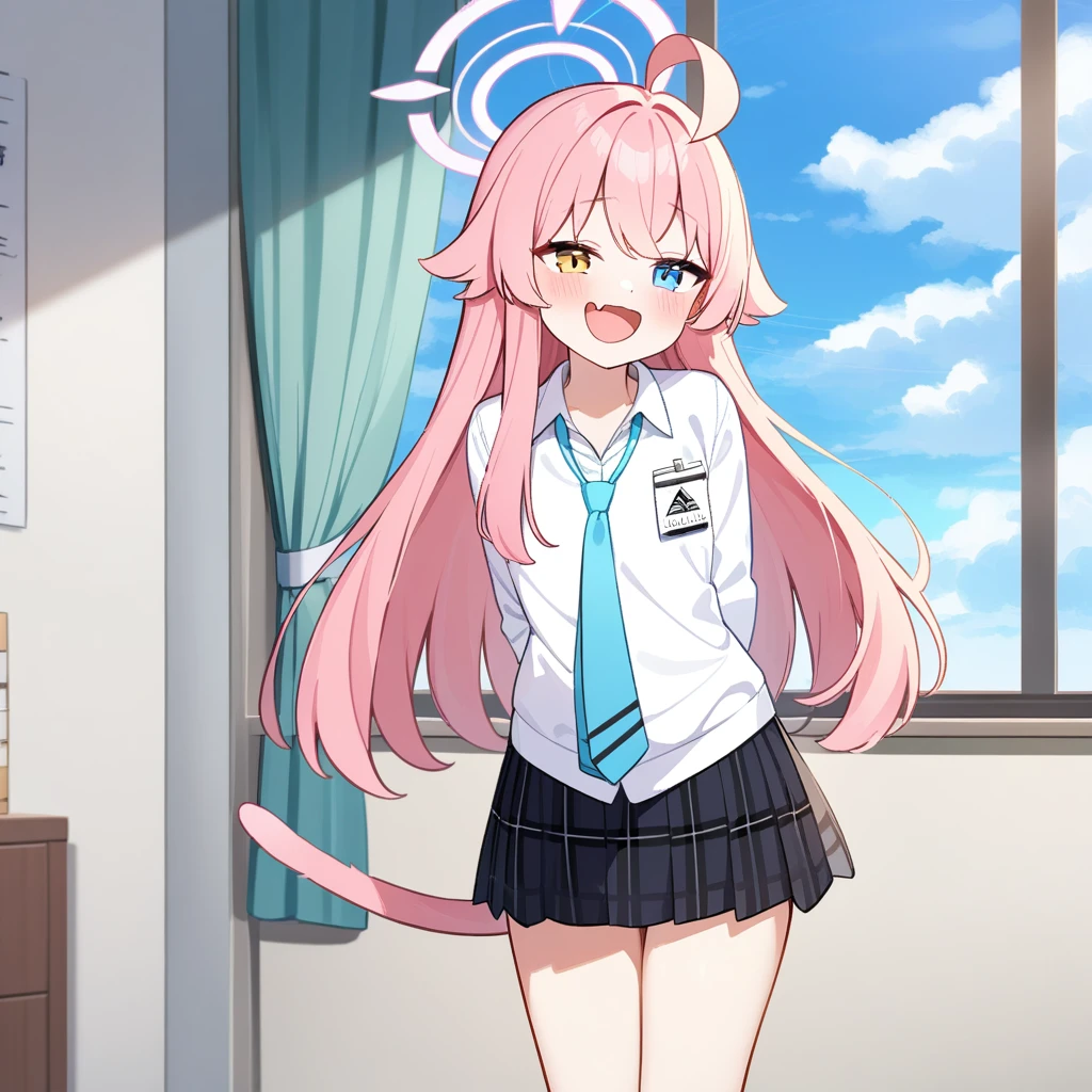 （masterpiece：1.2，high quality），4K，High resolution，A little girl of 16 years old，cute girl， Takanashi Hoshino（Blue Archive），pink hair，long hair，ahoge，yellow and light blue eyes，heterochromia，laughing，skin fang，Wearing a white shirt，tie，Black plaid pleated skirt，Standing in the room，Next to it is the window，curtain，High School Students，thigh，alone，cat tail，((Hands behind your back))