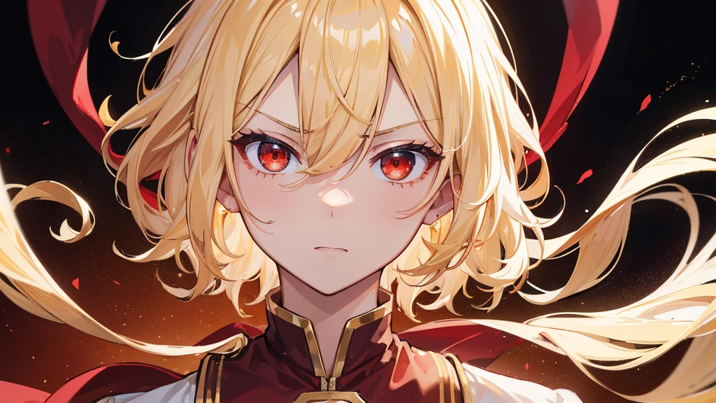 (Highest quality) (4K) (8k) (High resolution) (masterpiece:1.2) (Super detailed) One boy short hair emperor Red eyes Long sleeve Golden decoration Hair between the eyes White Dress Wavy golden hair Upper Body (White Background) front Face close-up Get angry