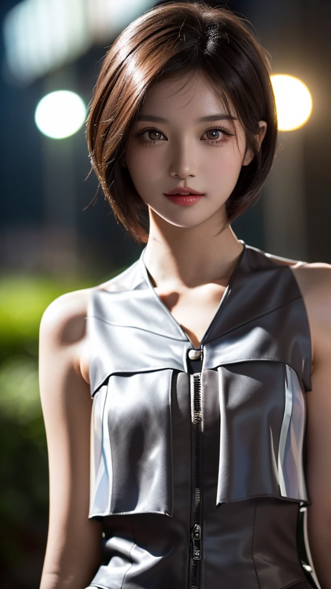 masterpiece, beautiful girl, Brown eyes、A beautiful, Goddess-like smile、((Brighten your face:1.5)、((No underwear:1.9))、Exposed axilla:1.4、detailed, beautiful eyes, (Wear revealing clothing, Thin, transparent, Strapless camisole vest:1.7)、(Brown Short Bob Hairstyle:1.5)、best quality, 超high resolution, (Reality: 1.4), original photo, A girl, Cinema Lighting, (laughter:0.6), Japanese, Asian Beauty, Korean, appropriate, really beautiful, Slightly younger face, Beautiful Skin,Orange Hair、 Slim small breasts, Wear a Strapless camisole vest that flatters your figure:1.6、Night scene background, (Ultra-realistic), (Raise awareness), (high resolution), (8K), (Very detailed), (The best Raise awarenessns), (Beautiful and detailed eyes), (Super detailed), (wallpaper), (detailed face), Looking at the audience, detailed, detailed face、Deep Shadows、Inconspicuous、Pure Face Ace_v1、46 points side bangs、Direct vision、I can see her small , flat chest、Brown eyes、
