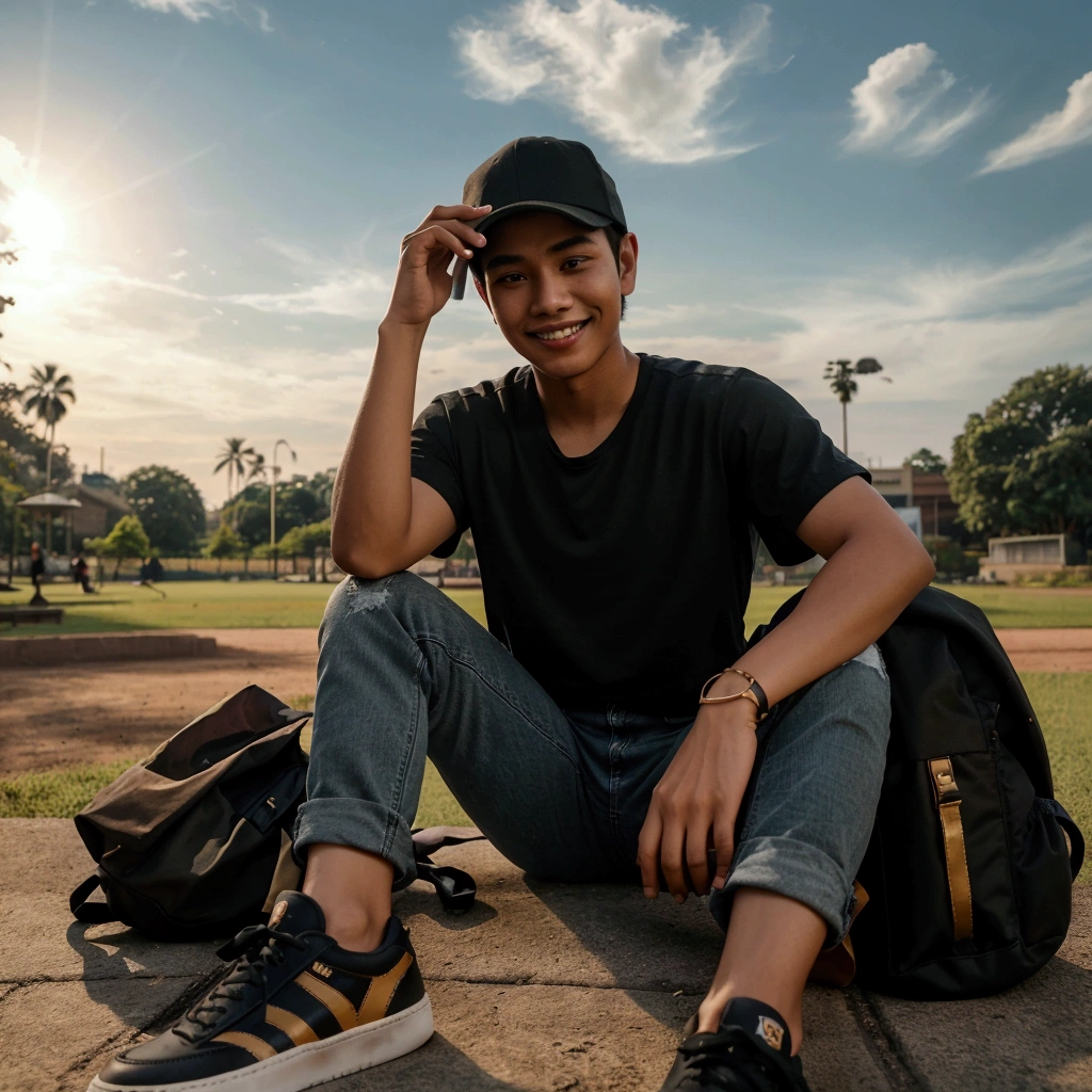 Cinematic photography of a young man from Indonesia with short-cropped hair, wearing a baseball cap, wearing a black t-shirt, long jeans, sneakers, sitting in the park while carrying a backpack, and a calm view. The sky was a bright blue, and the sun cast a warm golden light across the scene. stunning while smiling at the camera