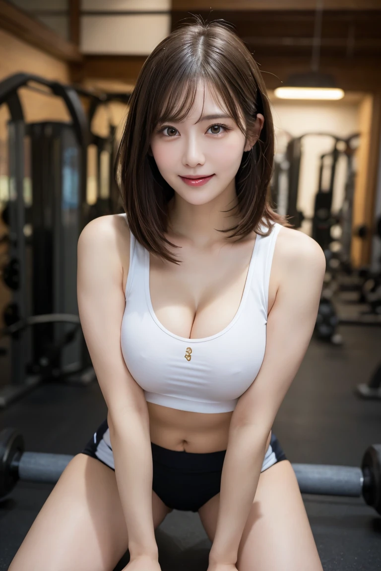 Gym Personal Trainer, Highest quality, shape, Very detailed, In detail, High resolution, 8k wallpaper, Perfect dynamic composition, Beautiful details,  Natural Lip,, Naked with nipples and pussy in full view, Sweating in the cleavage, She masturbates while straddling me and giving me instructions with a smile..., A masterpiece of the whole body, Side Short