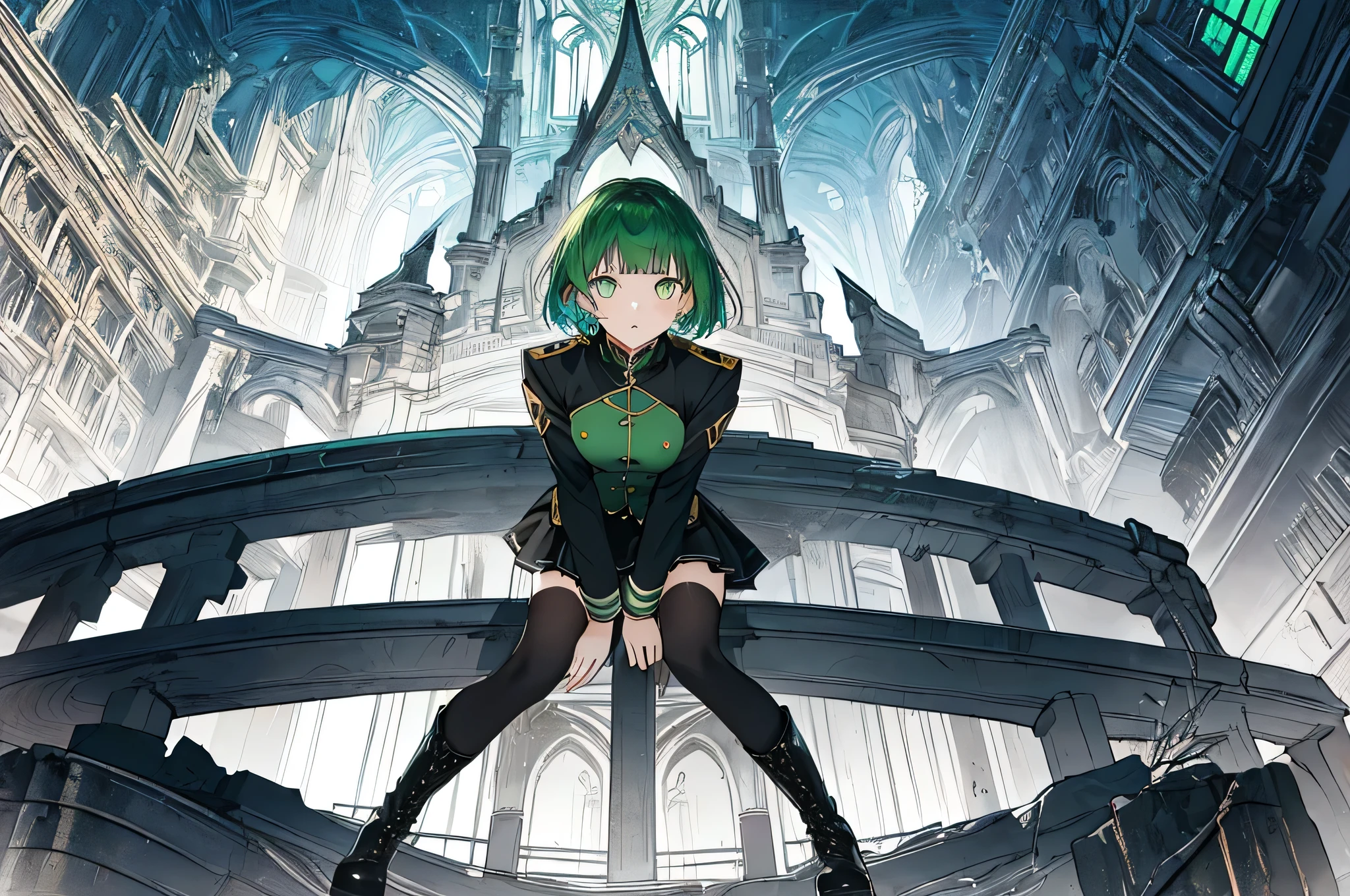 [(with a cathedral background:1.4)::5],original,(shape:1.1),(highest quality),(Tabletop:1.1),(Highly detailed CG Unity 8k wallpaper:1.1), (colorful:0.9),(Mid Shot:0.95),(very detailed beautiful whole body),Dynamic Angle,(alone:1.2), (girl),(((Adult))), (Beautiful eyes in every detail:1.15), (Beautiful Face:1.15), (Glowing green eyes:1.25////),(Gemstone Eyes),(Green Short Hair),(Blunt bangs),((The girl wear a black knight uniform)),Realistic,, girl,Green Hair,((Black long boots)), Black mini skirt,Black knee socks(rage),(Contempt and contempt),rage,(beautiful slender girl),((Adult)),((whole body)),Valkyrie, Decorations,((Thin legs)),((slender girl)),Front Angle,Front Angle,