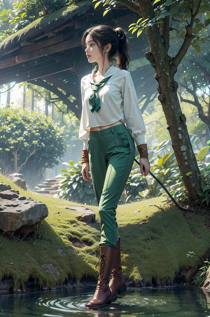 (((best quality))),(((ultra detailed))),(((masterpiece))),illustration, adventure,((a girl,solo)),((slim,thin)),((small breasts,flat chest)),sun-kissed skin,(short ponytail:1.2),(neckerchief:1.2),((vibrant green collared sleeved shirt,green pants)),(gloves:1.2),((slender legs,boots)),jungle, lush foliage, gentle breeze, ethereal, excitement, exploration, exotic flora and fauna, vibrant flowers, deep greens, delicate vines, ancient trees, enchanting canopy, sweet scent, nature, majestic waterfall, cascading water, crystal-clear pool, serene oasis, cool off, shimmering skin, laughter, deep connection, natural world, tranquility, wilderness, spirit soaring, birdsong, pure joy, enchantment,jungle, harmonizing, serenity, wonder, nature adventure
