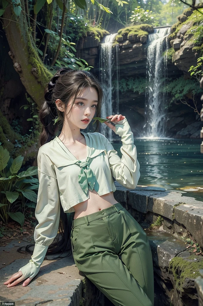 (((best quality))),(((ultra detailed))),(((masterpiece))),illustration, adventure,((a girl,solo)),((slim,thin)),((small breasts,flat chest)),sun-kissed skin,(short ponytail:1.2),(neckerchief:1.2),((vibrant green collared sleeved shirt,green pants)),(gloves:1.2),((slender legs,boots)),jungle, lush foliage, gentle breeze, ethereal, excitement, exploration, exotic flora and fauna, vibrant flowers, deep greens, delicate vines, ancient trees, enchanting canopy, sweet scent, nature, majestic waterfall, cascading water, crystal-clear pool, serene oasis, cool off, shimmering skin, laughter, deep connection, natural world, tranquility, wilderness, spirit soaring, birdsong, pure joy, enchantment,jungle, harmonizing, serenity, wonder, nature adventure