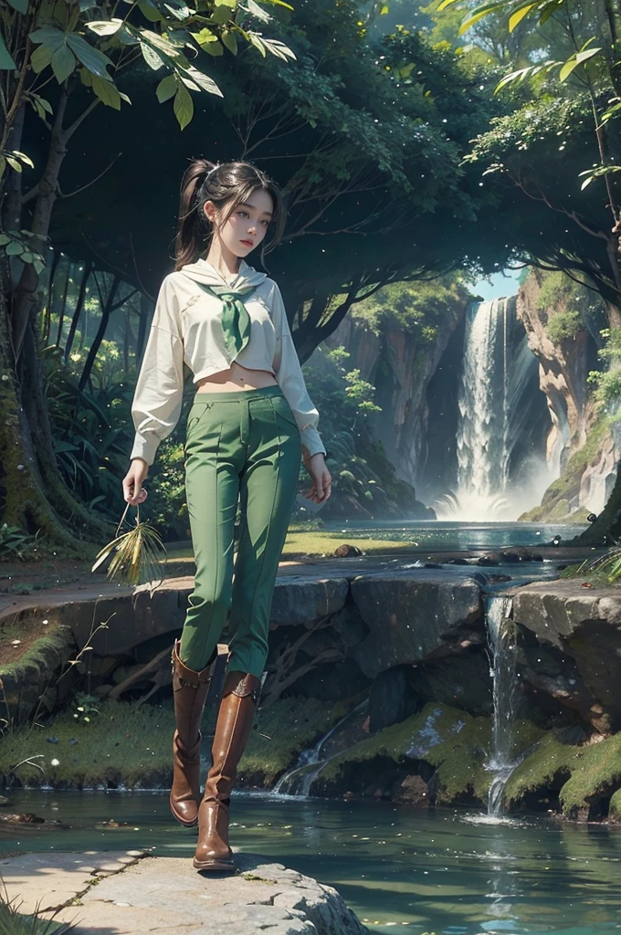 (((best quality))),(((ultra detailed))),(((masterpiece))),illustration, adventure,((a girl,solo)),((slim,thin)),((small breasts,flat chest)),sun-kissed skin,(short ponytail:1.2),(neckerchief:1.2),((vibrant green collared sleeved shirt,green pants)),(gloves:1.2),((slender legs,boots)),jungle, lush foliage, gentle breeze, ethereal, excitement, exploration, exotic flora and fauna, vibrant flowers, deep greens, delicate vines, ancient trees, enchanting canopy, sweet scent, nature, majestic waterfall, cascading water, crystal-clear pool, serene oasis, cool off, shimmering skin, laughter, deep connection, natural world, tranquility, wilderness, spirit soaring, birdsong, pure joy, enchantment,jungle, harmonizing, serenity, wonder, nature adventure