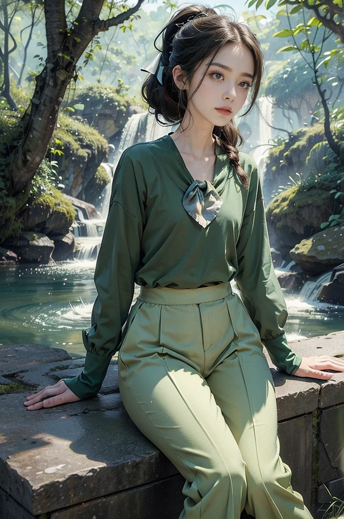 (((best quality))),(((ultra detailed))),(((masterpiece))),illustration, adventure,((a girl,solo)),((slim,thin)),((small breasts,flat chest)),sun-kissed skin,(short ponytail:1.2),(neckerchief:1.2),((vibrant green collared sleeved shirt,green pants)),(gloves:1.2),((slender legs,boots)),jungle, lush foliage, gentle breeze, ethereal, excitement, exploration, exotic flora and fauna, vibrant flowers, deep greens, delicate vines, ancient trees, enchanting canopy, sweet scent, nature, majestic waterfall, cascading water, crystal-clear pool, serene oasis, cool off, shimmering skin, laughter, deep connection, natural world, tranquility, wilderness, spirit soaring, birdsong, pure joy, enchantment,jungle, harmonizing, serenity, wonder, nature adventure