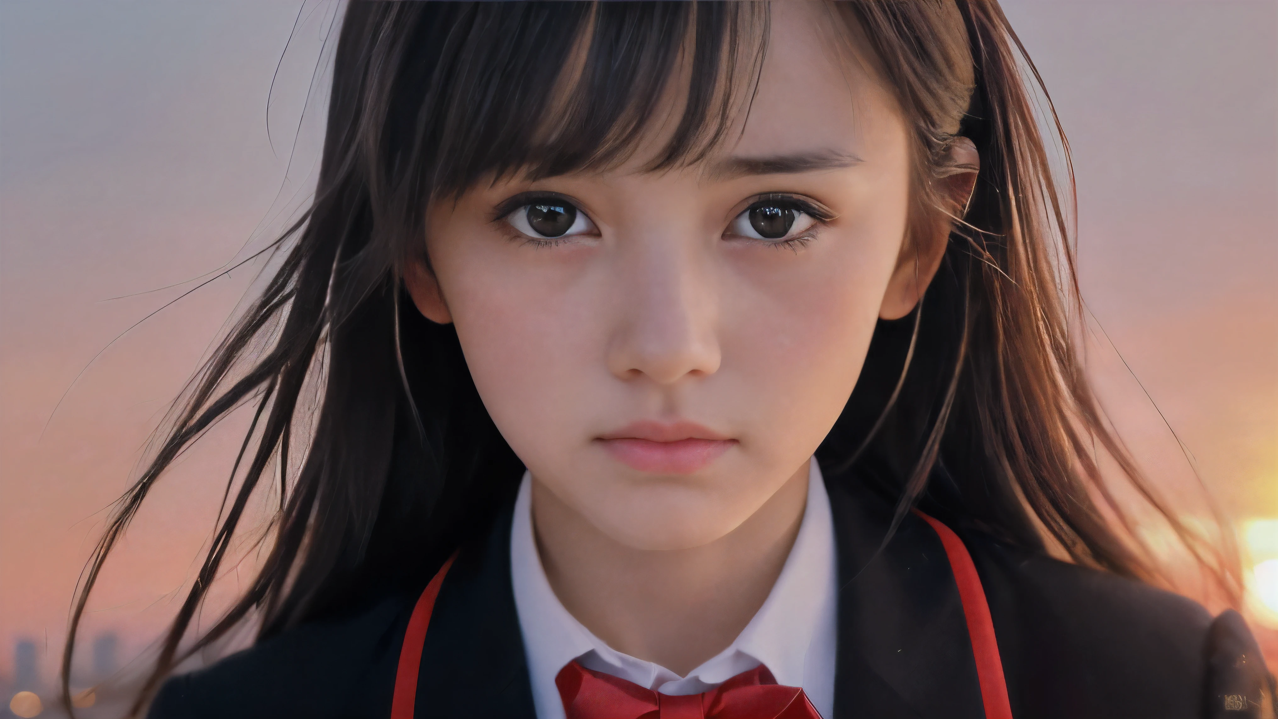 (Close up face shot of one slender small breasts two side up black medium hair bangs girl with crying face in long sleeves black school uniform:1.5)、(One girl is turn around at sunset red sky with her face is reflected sunset light and her hair is blowing in long sleeves black school uniform:1.5)、(Beautiful red sunset sky at skyscraper city landscape:1.5)、(8k ultra detailed master piece:1.5)、(perfect anatomy:1.5)、(Photorealistic stick:1.5)、(Raw photo:1.3)、(highest quality:1.5)、(High resolution:1.3)、(Delicate and beautiful perfect face:1.3)、(Delicate and beautiful eye air skin:1.3)、(Real Human Skin:1.3)、((thin legs))