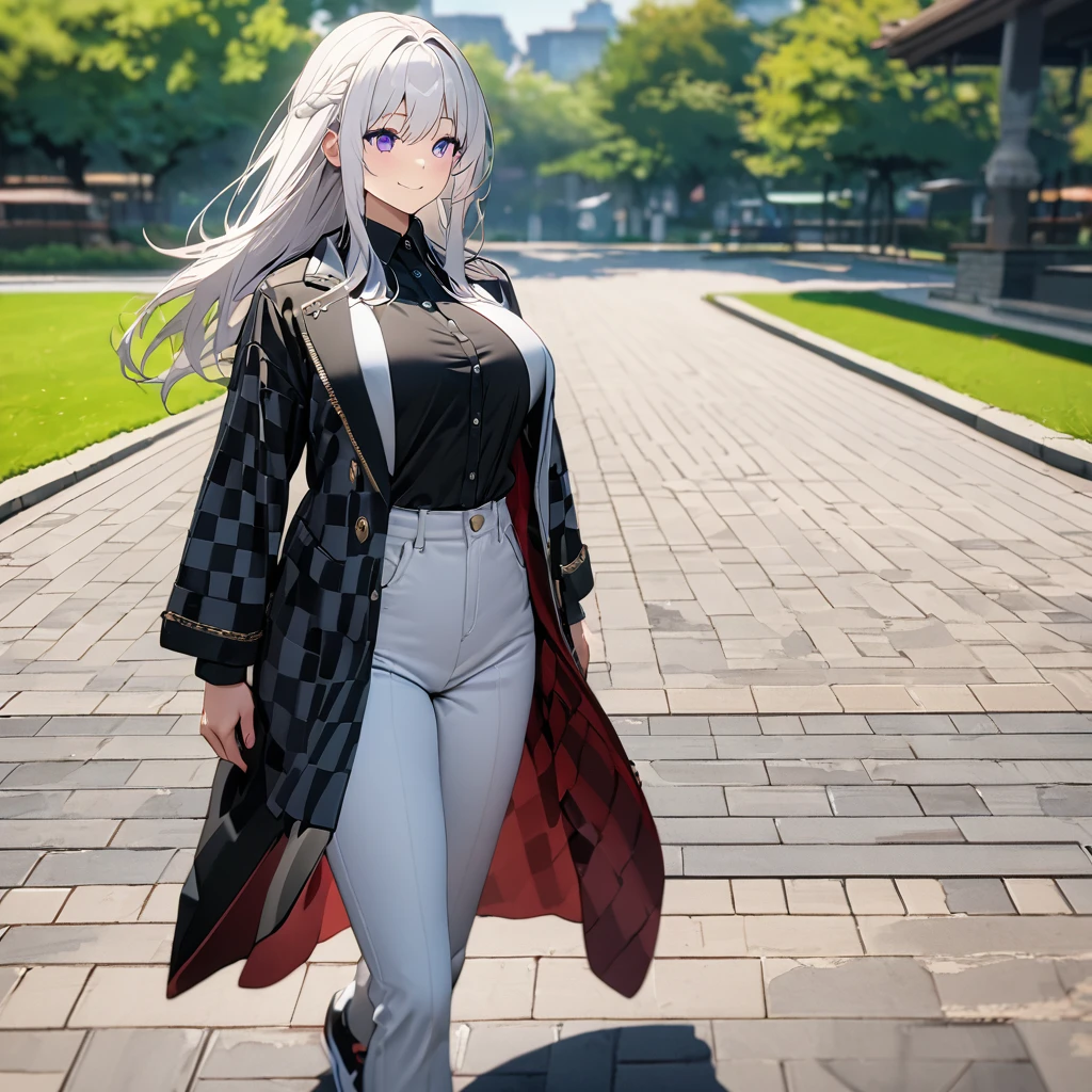 A woman wearing a blue and black checkered coat, long-sleeved jacket, wearing white pants, white sports shoes, white hair, long hair, purple eyes, smiling, big breasts, eagle hanging on her shoulder, walking on a sidewalk in a park , concrete sidewalk, with a wooden gazebo nearby, lawn on site, place during the day..(solo woman) ,UHD , prime work , accurate , anatomically correct , textured skin , super details , high quality , best quality, 8k, high resolution, bokeh effect, close view,