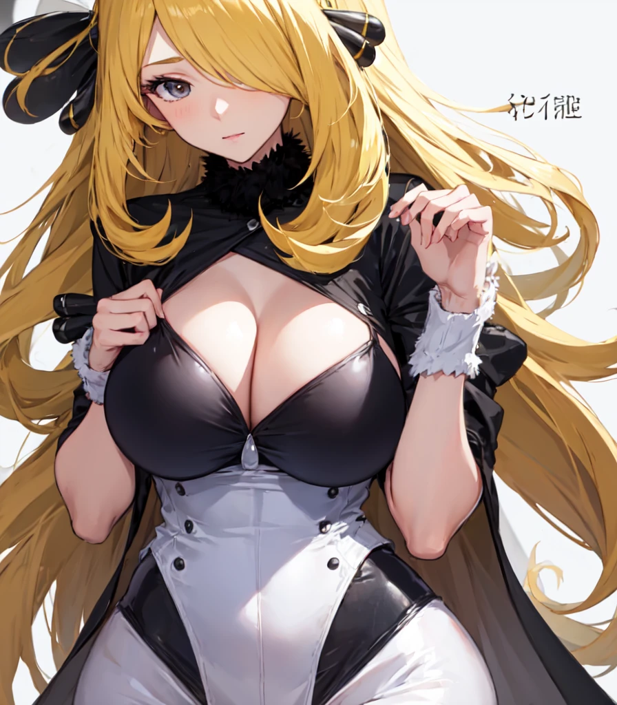 alone、Hair on one eye、Big Breasts,Cynthia,Blonde,No text,White background