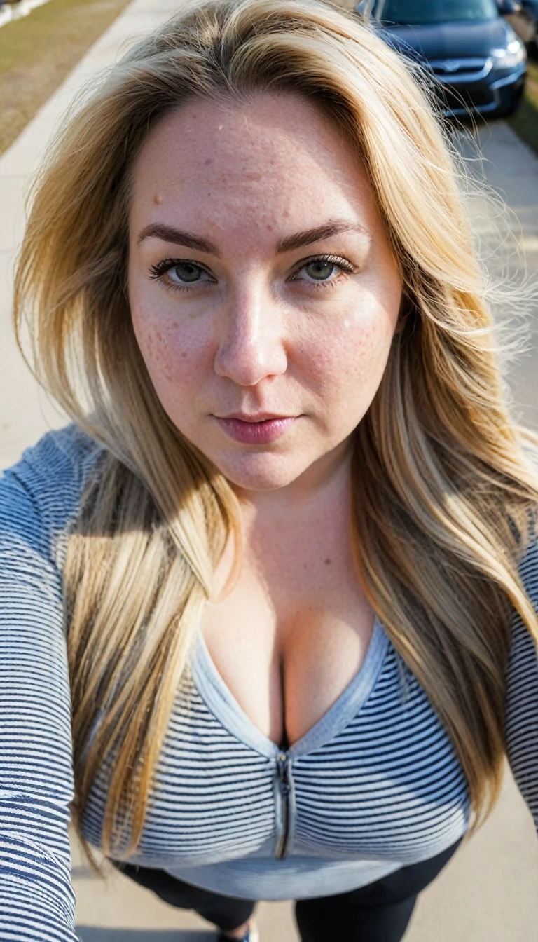 Two Fat woman, 40 years old white Caucasian woman walking outside, day time, Mississippi, Gulfport, cold winter day, long straight blonde messy hair, casually and daily dressed, big hips, thick thighs, casual winter clothed, natural big breasts, Full Body Shot, From Above View, High Angle View, selfie, serious, close up selfie point of view, acne face