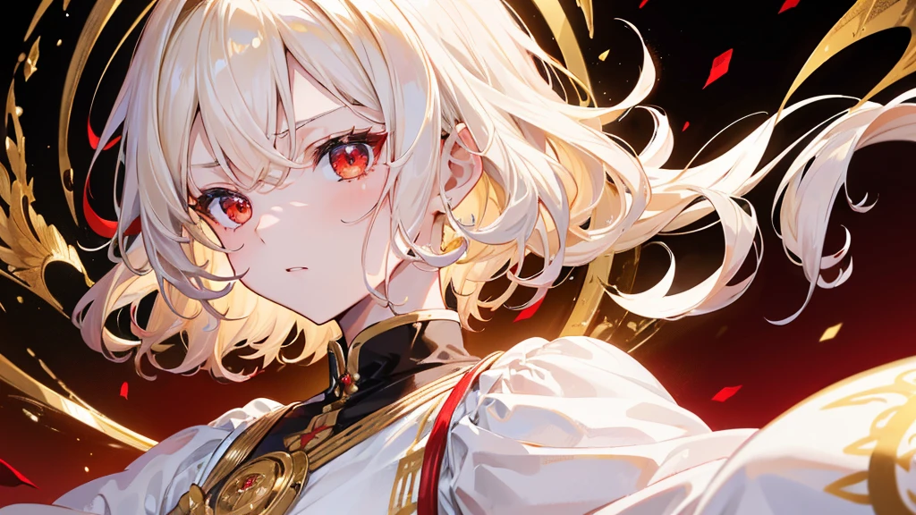 (Highest quality) (4K) (8k) (High resolution) (masterpiece:1.2) (Super detailed) One boy short hair emperor Red eyes Long sleeve Golden decoration Hair between the eyes White Dress Wavy golden hair Upper Body (White Background) front Face close-up Get angry
