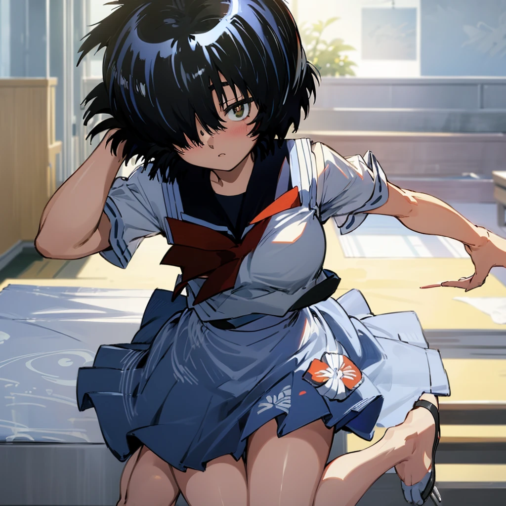 Madoka Ayukawa, dskbnbk, Asian woman in alafe sitting on the ground with legs crossed, pretty face with arms and legs, a japanese girl, young and cute girl, the anime girl is crouching, Round thighs, Casual pose, Young Pretty Gravure Idol, 19-year-old girl, Sitting on the ground, Engaging pose, Young Gravure Idol, a cute young girl、Sundress White Collar Panties、pantie shot,A slight smil、high-heels、Short hair, Black eyes, (((NSFW))),