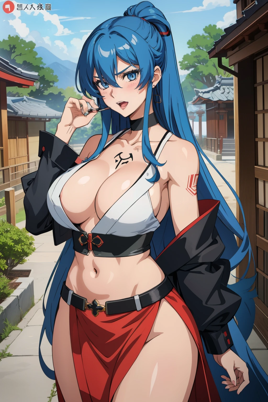 1girl,  esdeath, long hair,  choker, chest tattoo,
mature female, mature, adult, Eft_akame_esdeath, 1girl, blue eyes, blue hair, long hair, large breasts, tattoo, very long hair, chest tattoo, choker, hair between eyes, blush, lipstick, jewelry, earrings, tattoo, Hot girl, baddie, staring, glaring, bad attitude, mean girl, dare, angry, hate, crazy, smoking, sensual, attractive, masterpiece, best quality, highly detailed, a anime girl in kimono dress ,holding sword, bare
shoulder,open kimono, evil smile, open mouth, crop top , (nsfw) not safe for work, smile, ecchi anime
style, anime girls, ecchi style, ecchi, digital anime art!!, in anime style, official artwork, visual novel cg,
beautiful anime girl, anime style 4 k, kimono pencil skirt, exposed belly, exposed navel,
exposed midriff, exposed lower belly, outdoor, japanese architecture, temple