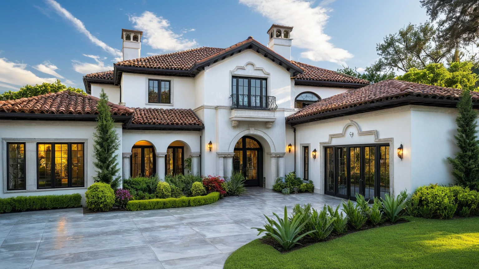 (RAW photo, masterpiece, best quality,ultra-detailed, extremely delicate and beautiful, highresolution, best shadow:1.1), A Mediterranean Italian style home with white stucco walls, black accents and windows, large front yard, vivid color, beautiful shrubs and flower, tropical tree and plants, professional photography in the style of an Italian classic home.