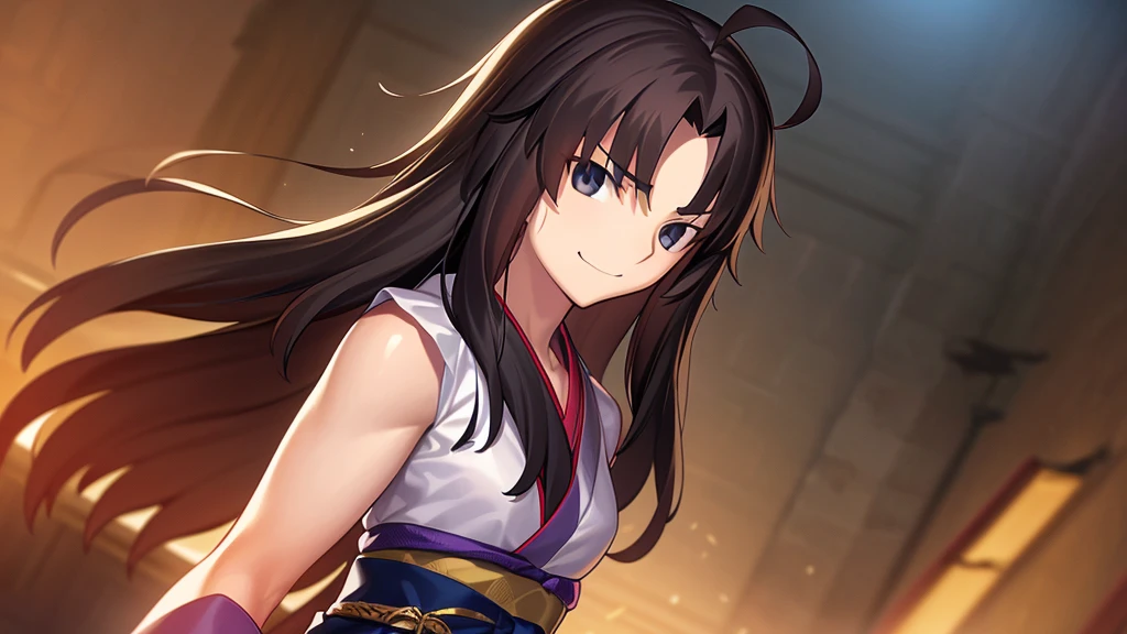 volumetric lighting, ambient lighting, highres, masterpiece, 8k, alone, one girl, adult, black eyes, detailed dark brown hair, (messy hair), long hair, tan skin, skinny, thick eyebrows, smirking, wink, small breasts, (wearing kimono), dio pose, tall body